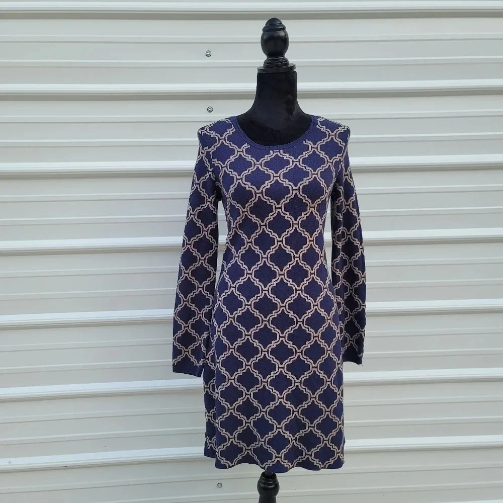 Hatley Women's Navy Blue Tan Long Sleeve Knit Sweater Dress M